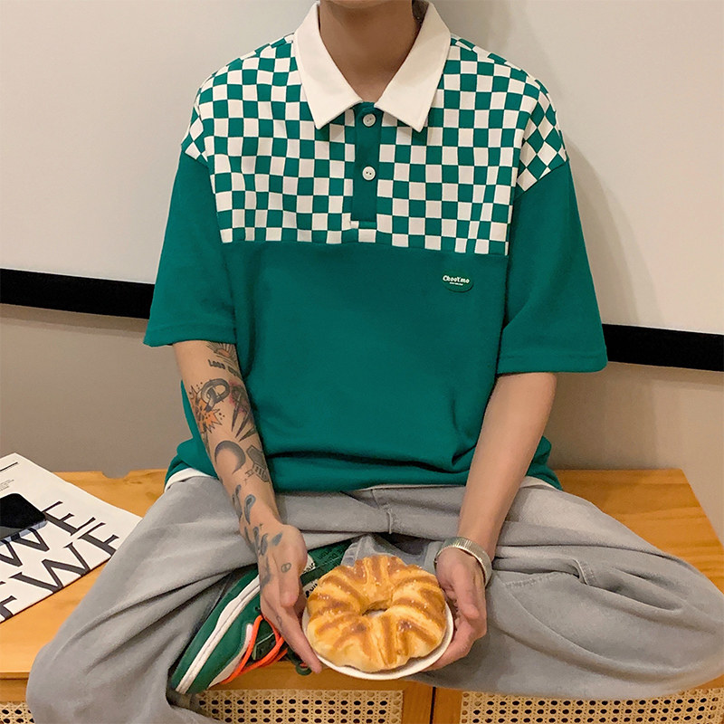 D321PL605P45男士棋盘格短袖polo衫男夏季宽松休闲翻领上衣,男装Polo衫,电商D321A