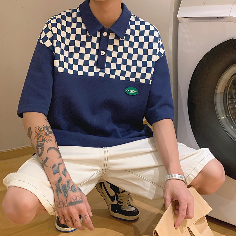 D321PL605P45男士棋盘格短袖polo衫男夏季宽松休闲翻领上衣,男装Polo衫,电商D321A