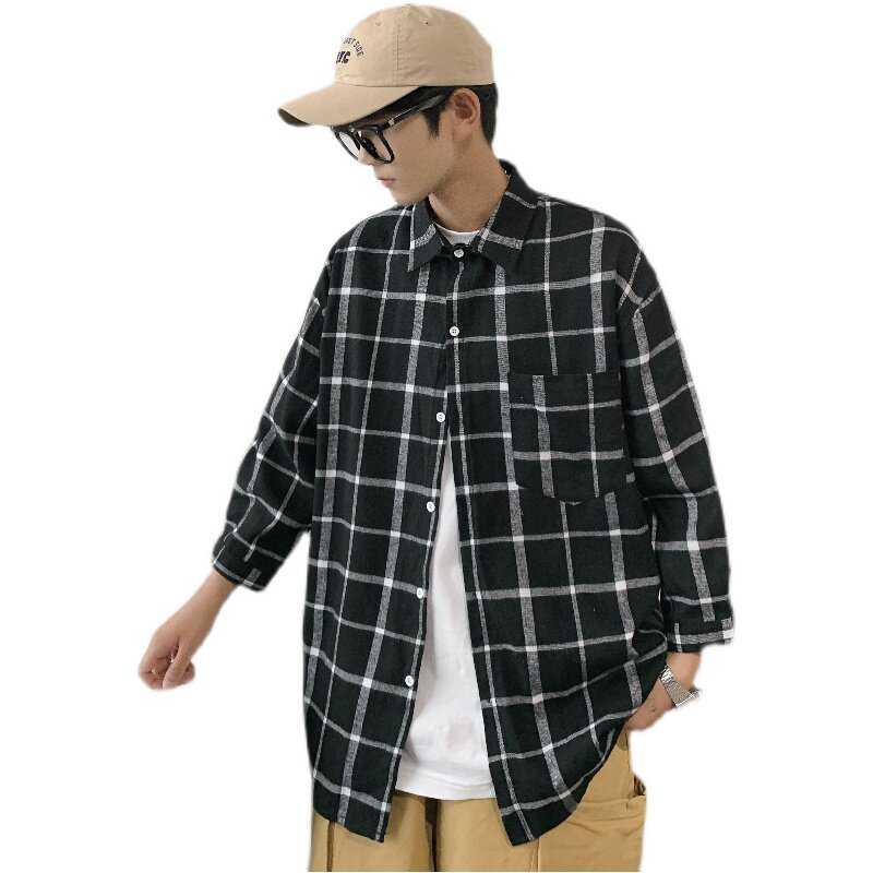 夏季日系原宿格子短袖衬衫男港风宽松半袖上衣CS01-P35,男装衬衫,电商D321A