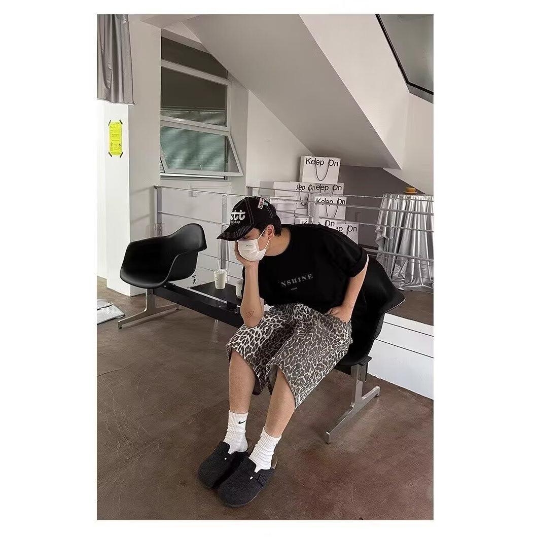 复古豹纹阔腿牛仔短裤男直筒休闲宽松五分裤D15-P45,男装牛仔裤,电商D321