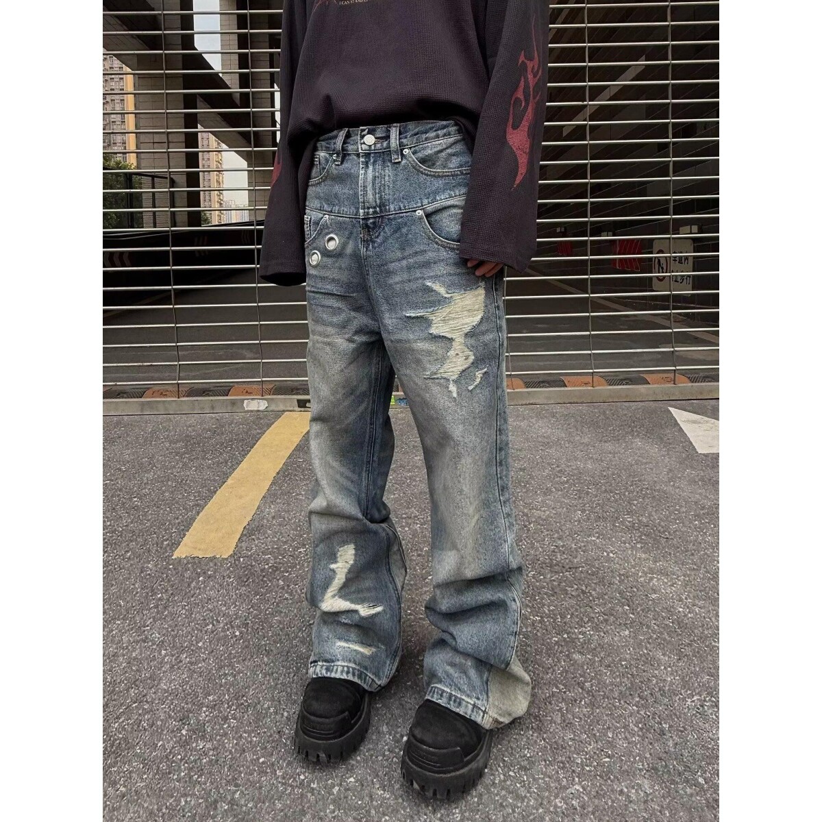 美式街头刀割环扣破洞微喇牛仔裤男女宽松长裤潮N2535-P58,男装牛仔裤,电商D321