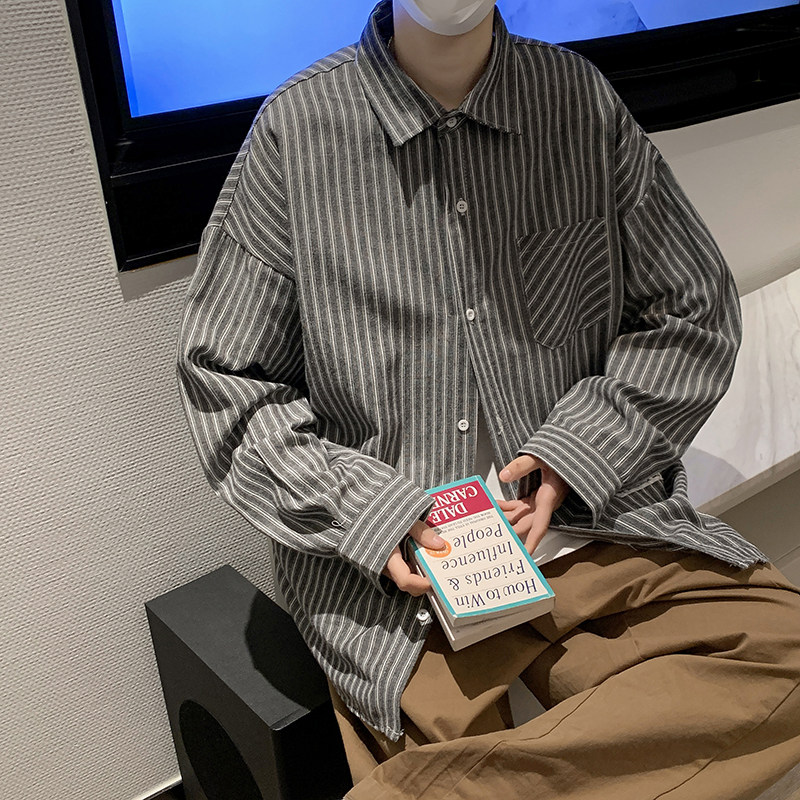 22春条纹衬衫男长袖夏季薄款宽松衬衣日系港风外套C18P35,男装衬衫,电商D321A