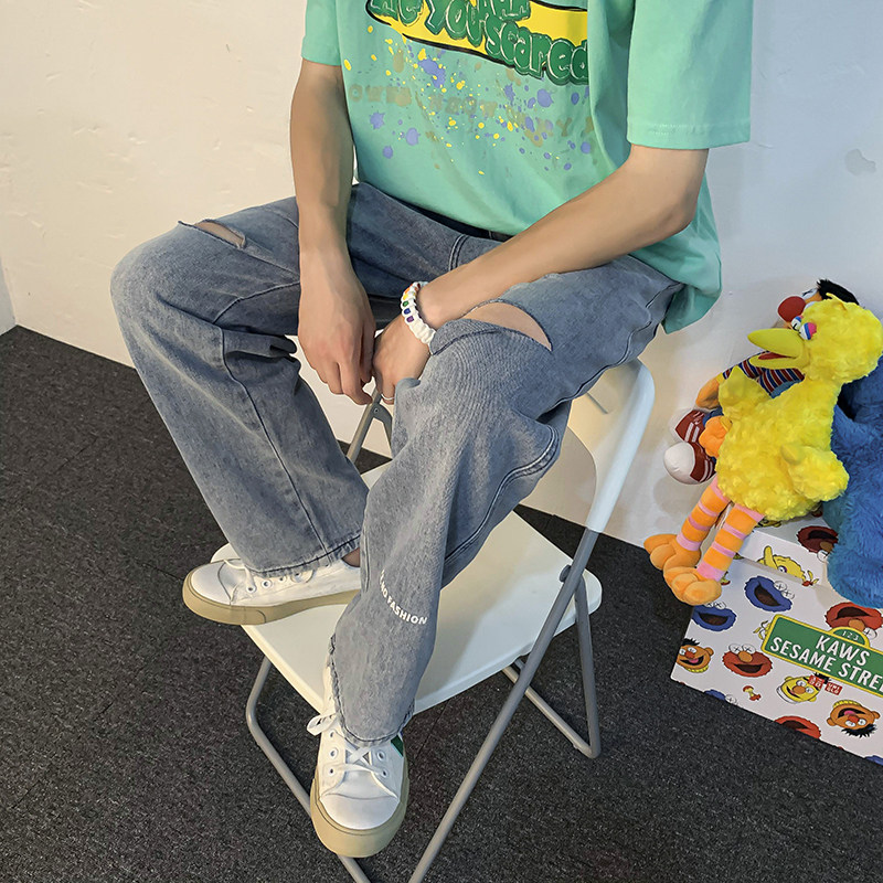 2022夏季破洞牛仔裤宽松直筒九分裤男D321K1601P50控68,男装牛仔裤,电商D321A