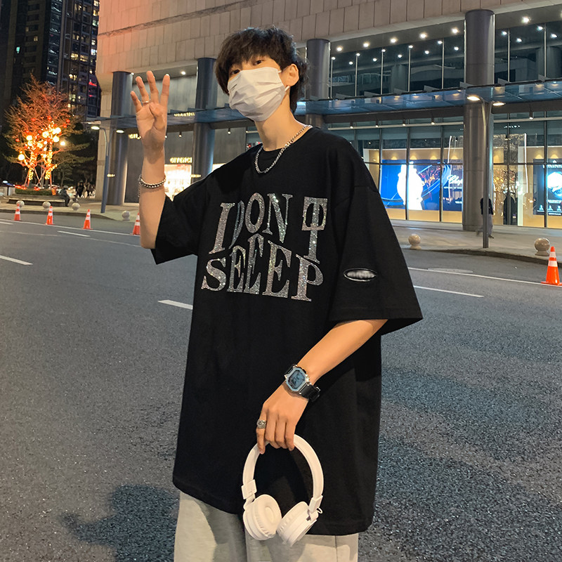 夏季短袖t恤男士港风宽松大码烫钻休闲潮流五分半袖T051P25控38,男装T恤,电商D321A