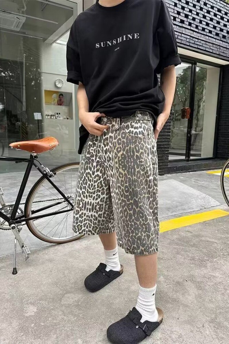 复古豹纹阔腿牛仔短裤男直筒休闲宽松五分裤D15-P45,男装牛仔裤,电商D321