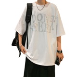 夏季短袖t恤男士港风宽松大码烫钻休闲潮流五分半袖T051P25控38，男装T恤，电商D321A