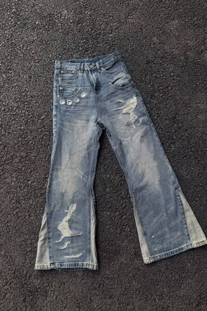 美式街头刀割环扣破洞微喇牛仔裤男女宽松长裤潮N2535-P58,男装牛仔裤,电商D321