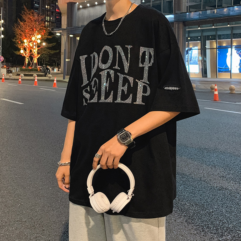 夏季短袖t恤男士港风宽松大码烫钻休闲潮流五分半袖T051P25控38,男装T恤,电商D321A