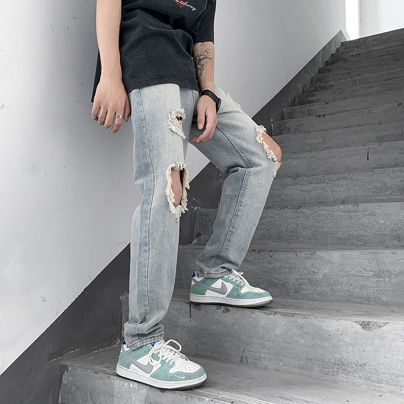 黄泥染高街破洞乞丐做旧复古牛仔裤NK52,男装牛仔裤,电商D321A