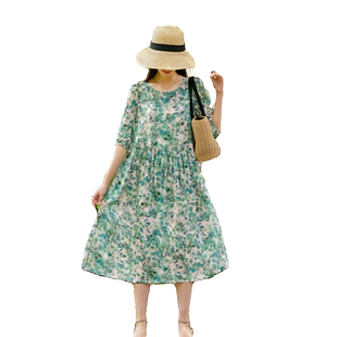 棉绸连衣裙2025新款夏季女时尚印花人造棉宽松大码外穿中长款裙子