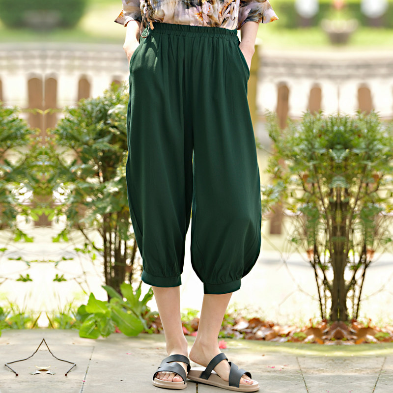 夏季棉绸阔腿裤女薄款七分防蚊裤子新款宽松大码纯色休闲灯笼裤子