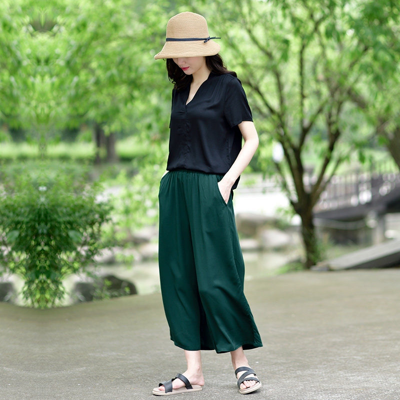 2023套装女夏时尚两件套纯色阔腿裤棉绸人造休闲棉绸套装外穿
