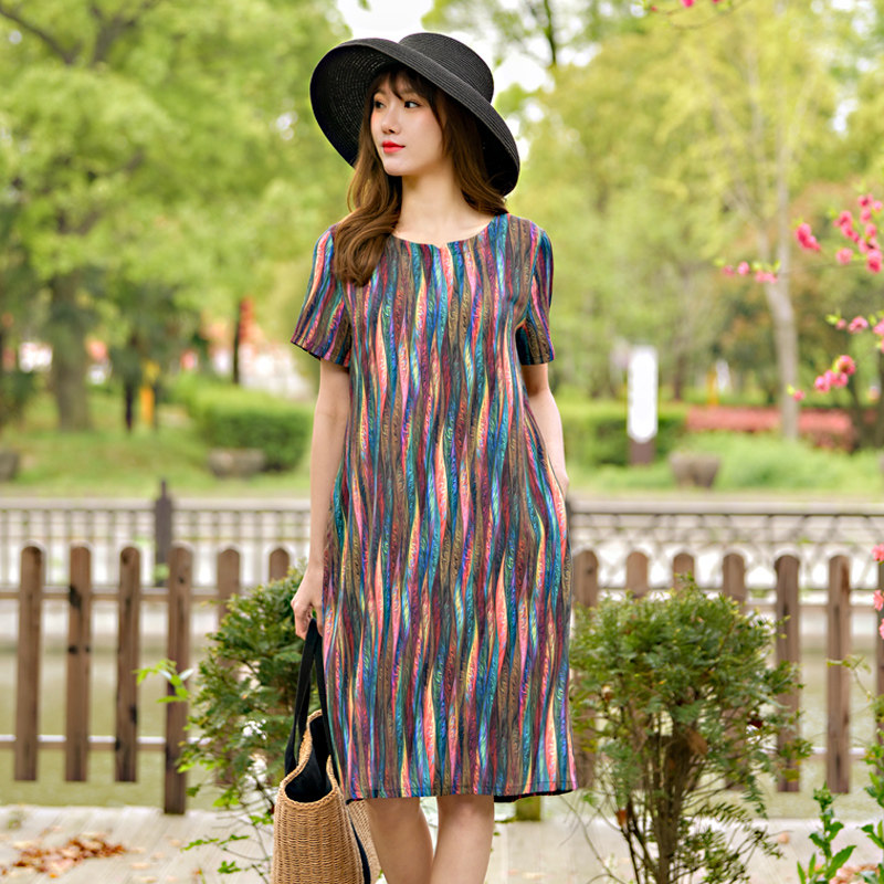 妈妈棉绸连衣裙女夏外穿印花宽松大码人造棉绵绸中长裙子时尚女装