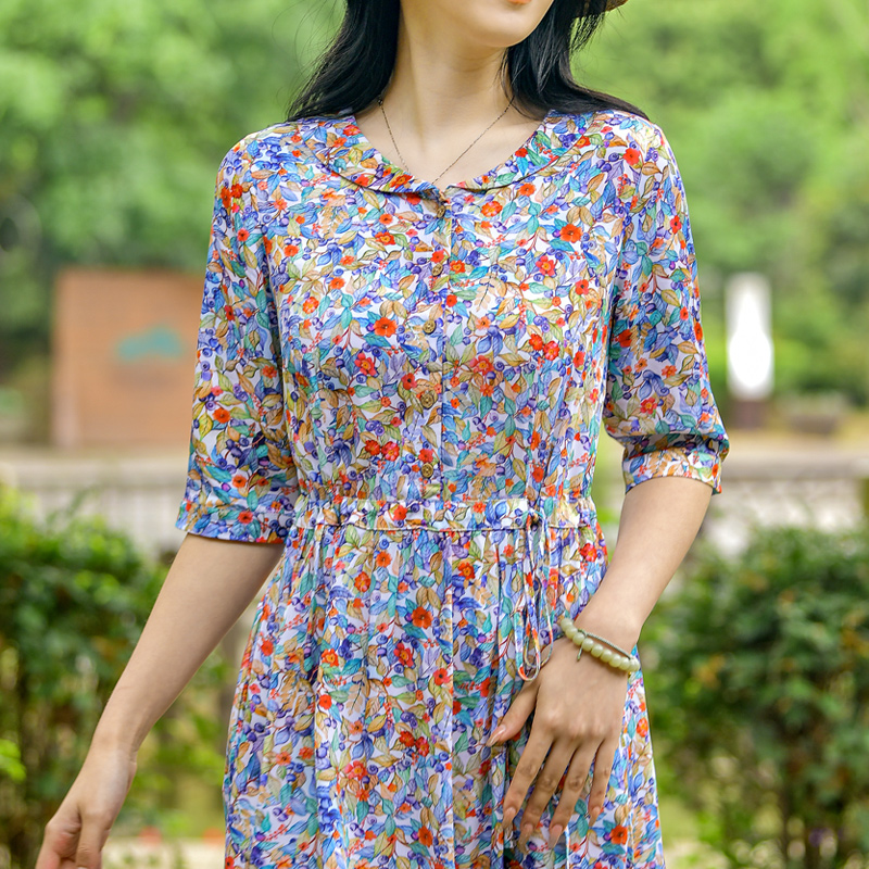 棉绸连衣裙女夏季新款碎花2023人造棉绵绸妈妈娃娃领孕妇中长裙子