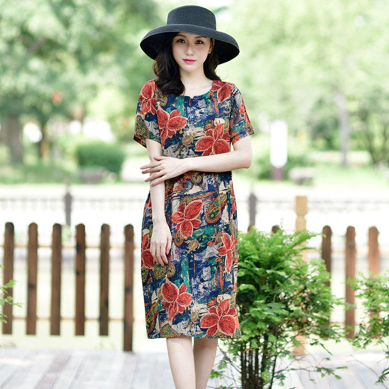 棉绸洋装中长版女夏天2023新款妈妈人造棉绵裙子中老年时尚长裙