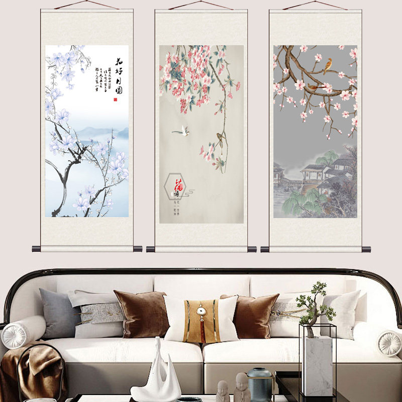茶花山雀仿古中式卷轴画山水人家桃花三喜招财丝绸画国画客厅装饰