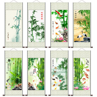 竹报平安九鱼图绿竹国画花鸟字画书房办公室挂画定制客户礼品装饰