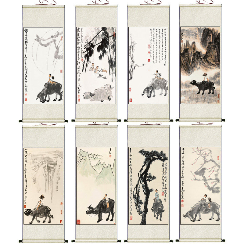 水墨画国画卷轴李可染牧牛图挂画