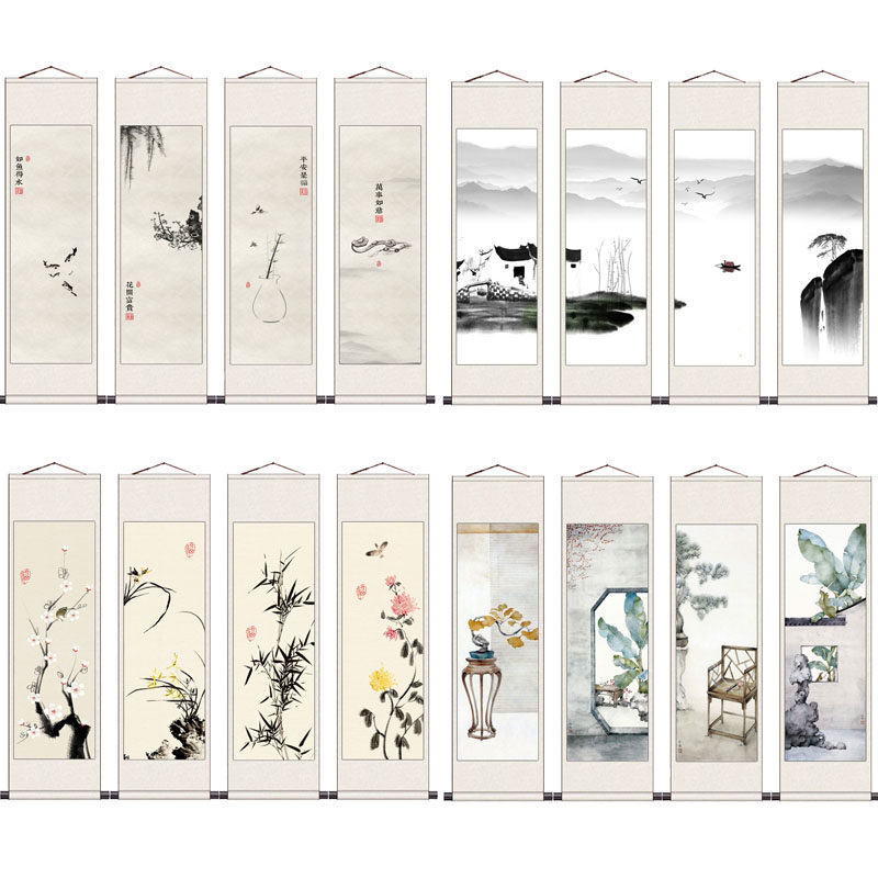 富贵平安水墨江南禅意花鸟四条屏山水挂画四幅卷轴画定制名家装饰
