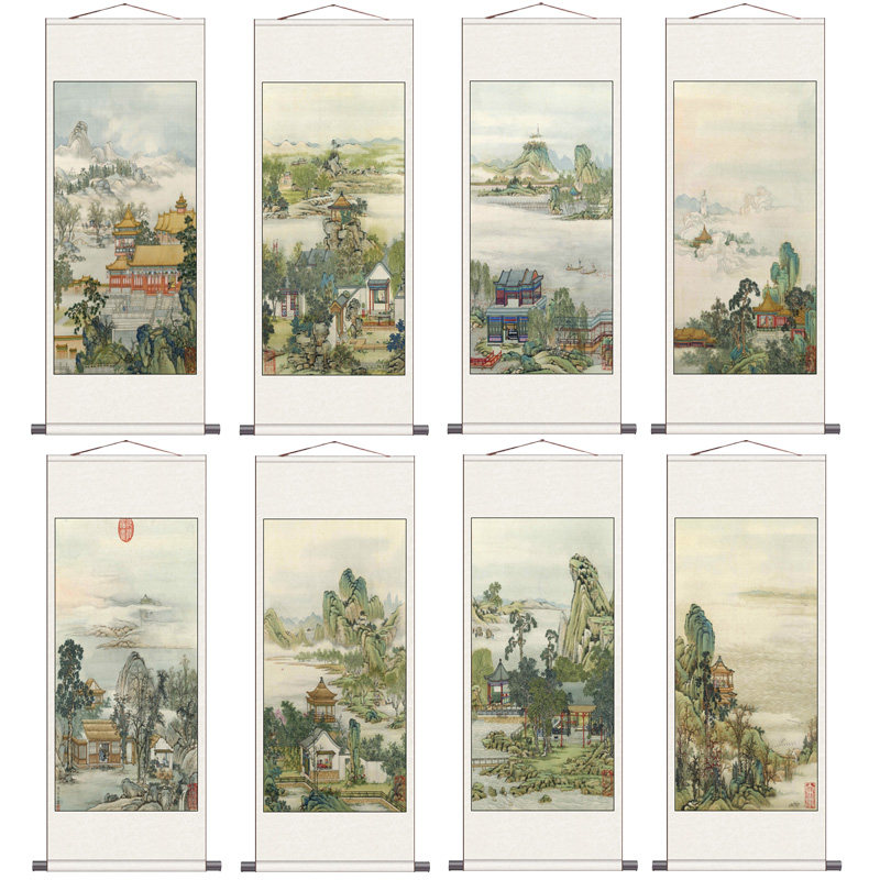 清陈枚山水楼阁青山绿水卷轴挂画风水礼品丝绸画客厅挂画精致挂画