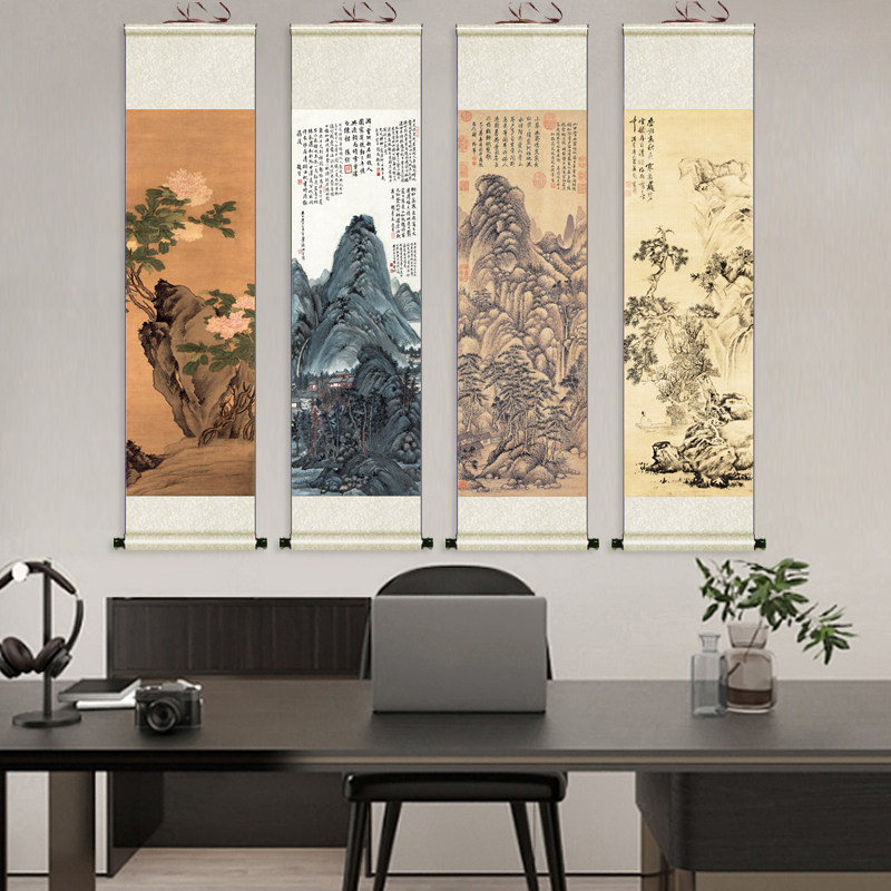 家居装饰画茶楼挂画丝绢卷轴画宣纸字画微喷无边明代山水挂画定制