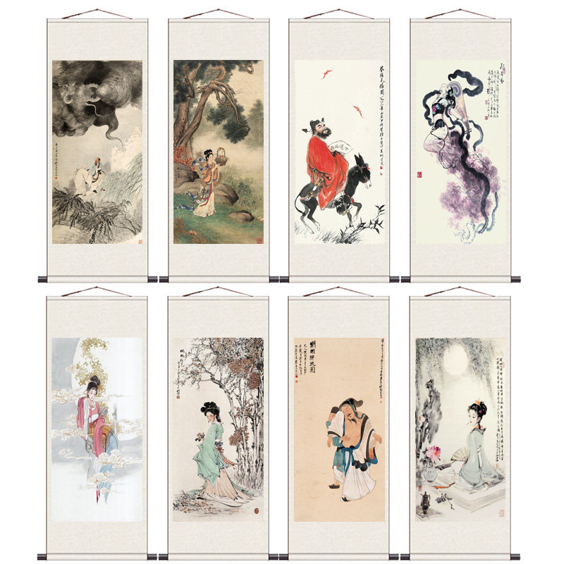 钟馗送福图姜太公钓鱼国画卷轴字画客厅装饰仕女画桃园结义丝绸画
