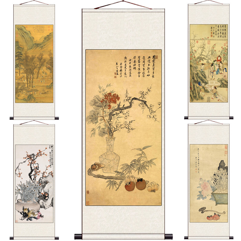 岁朝图风水挂画花鸟画家居装饰画书房办公室字画仿古卷轴画丝绸画