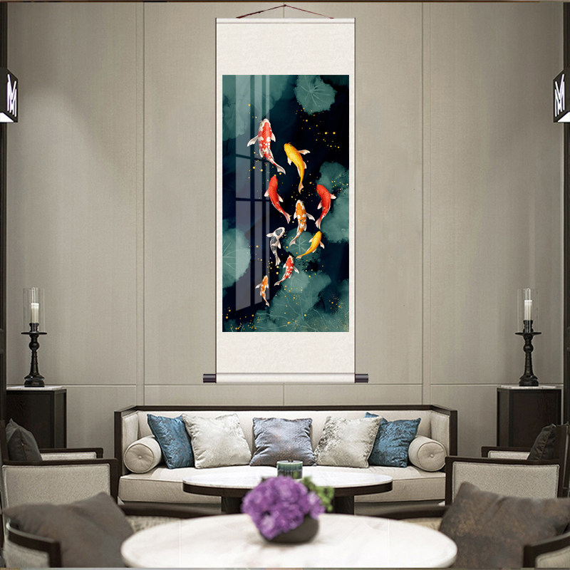 招财花鸟挂画荷花九鱼孔雀吉祥鲤鱼红鲤鱼风水丝绸挂画国画已装裱