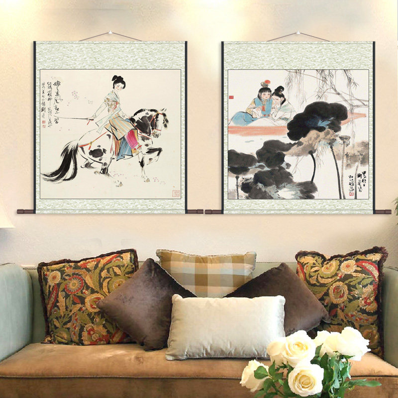 红樓仕女刘旦宅斗方人物挂画丝绸卷轴画客厅装饰画酒店壁画定制画