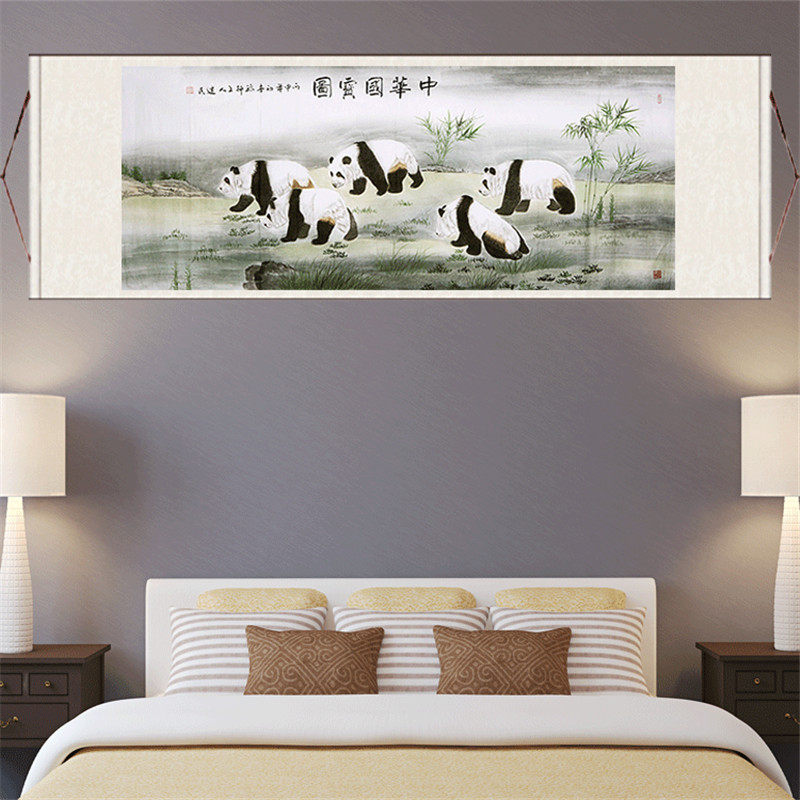 芭蕉喜鹊荷花鲤鱼四大美女熊猫国画风水装饰画丝绸挂画壁画横幅画