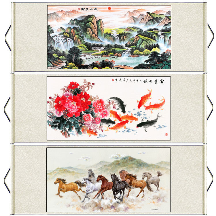 八骏图横幅花鸟挂画牡丹九鱼图招财山水画流水生财横幅客厅装饰画