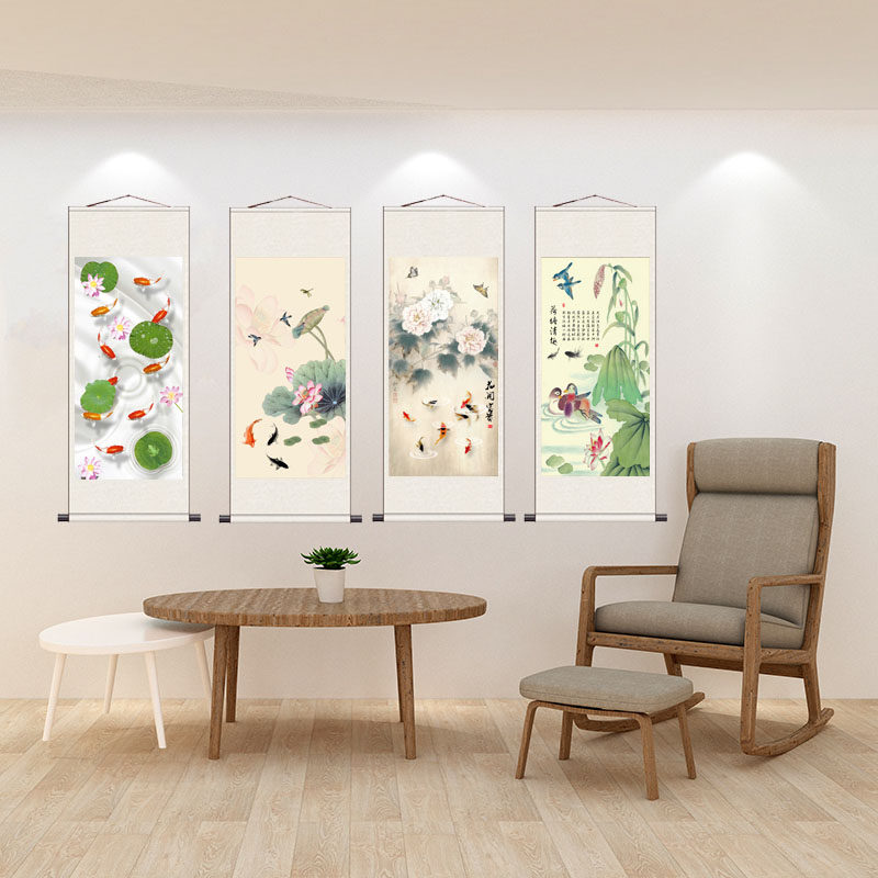 荷花九鱼图招财字画挂画卷轴画送客户礼品国画挂画风水宣纸装饰画