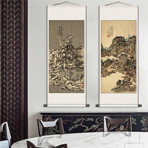 王原祁山水国画清代名家山水字画办公室书房挂画卷轴画定制摄影画