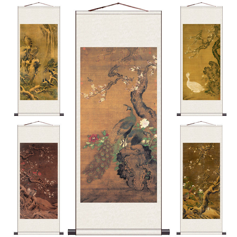 梅茶雉雀图名家字画书房装饰画办公室壁画酒店挂画丝绸卷轴明吕记