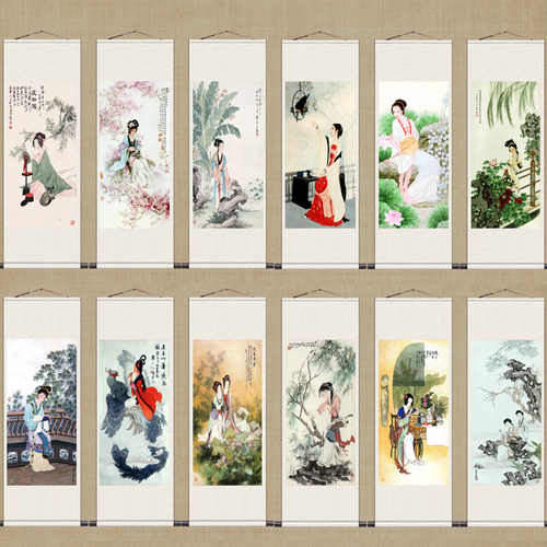 古代仕女图芭蕉仕女黛玉葬花酒店茶楼装饰画条幅丝绸卷轴画礼品画