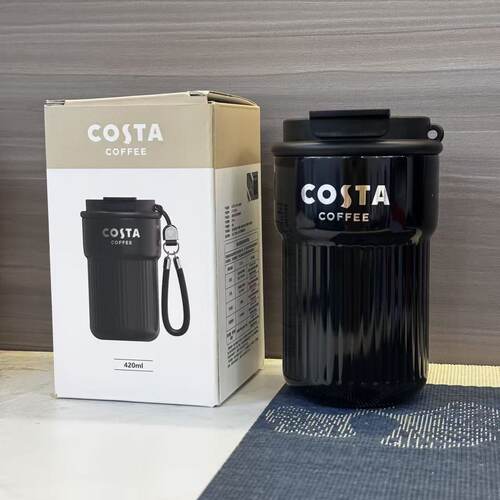 COSTA咖世家乐享双饮咖啡杯420ml黑色竖纹316不锈钢便携保温杯