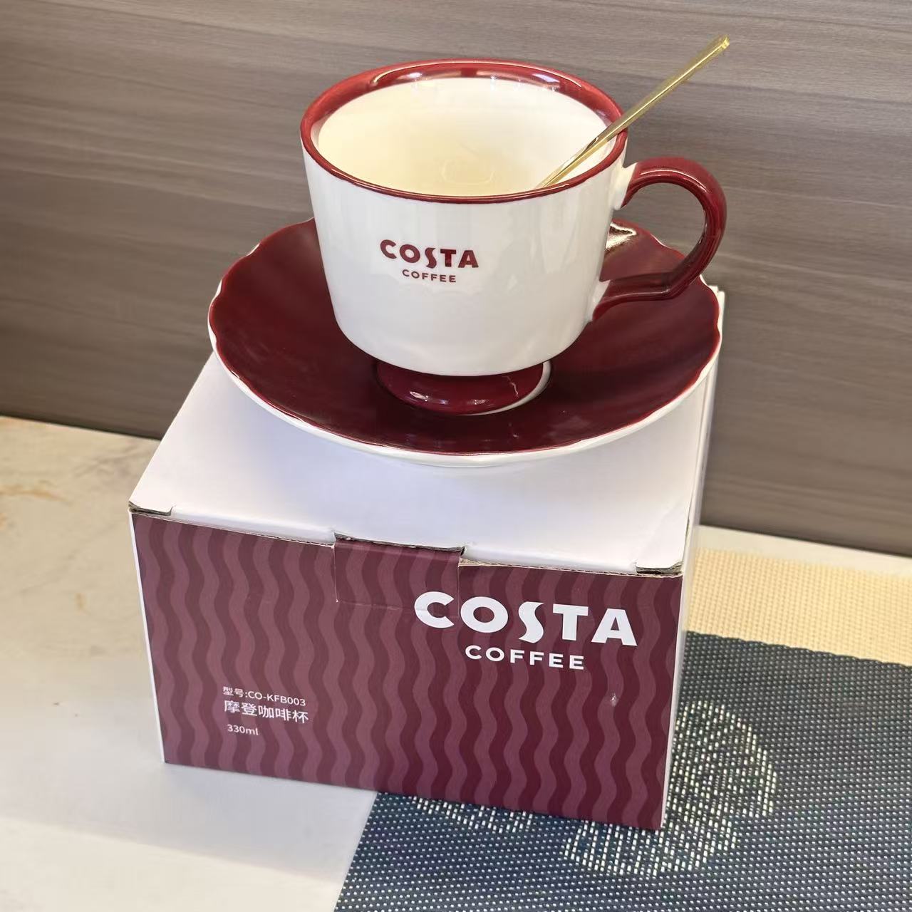 COSTA摩登咖啡杯套装330ml陶瓷杯+碟+金色咖啡勺带礼盒办公室自用图片