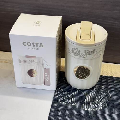 COSTA山茶花保温杯400ml容量白色竖纹配灰色山茶花316不锈钢吸管