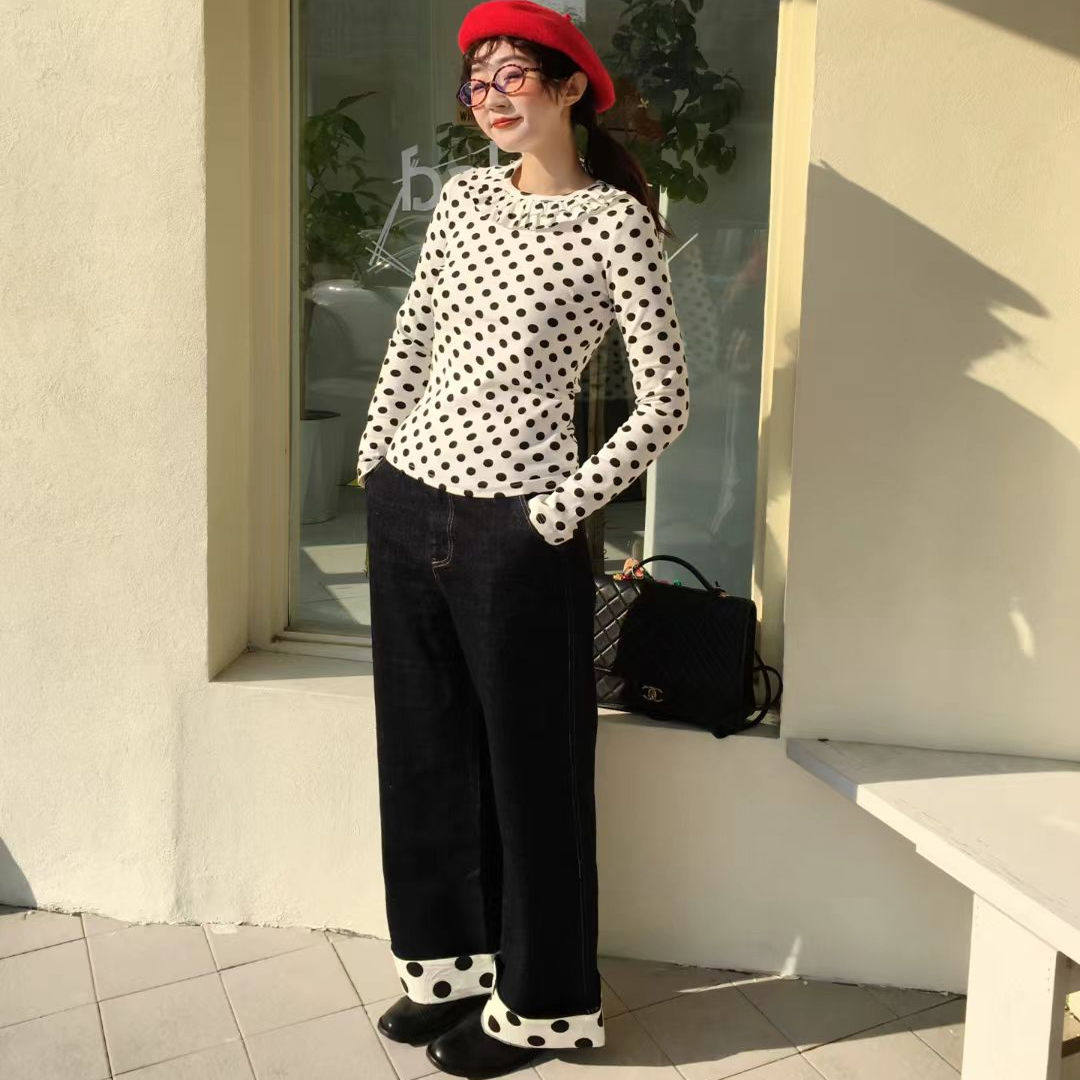 现货/波点拼接直筒牛仔裤翻边设计休闲长裤裤子小众阔腿裤个性女