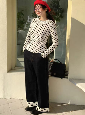 现货/波点拼接直筒牛仔裤翻边设计休闲长裤裤子小众阔腿裤个性女