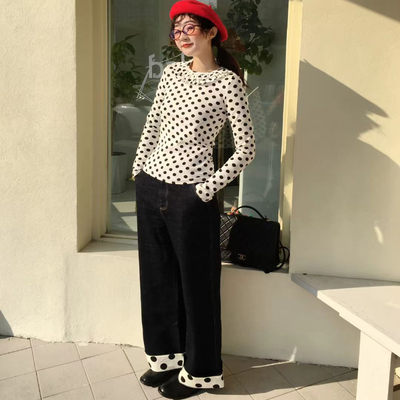 现货/波点拼接直筒牛仔裤翻边设计休闲长裤裤子小众阔腿裤个性女