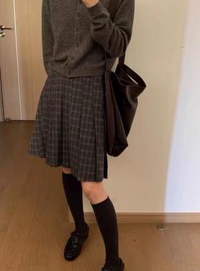 现货/文气有质感！裙型狂赞！灰色洋气格子百褶裙A字裙半身裙春季