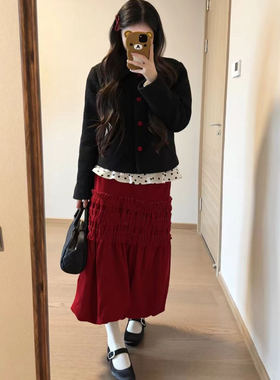 现货/安可拉红灯芯绒半身裙女秋冬新款高腰显瘦a字裙中长裙子小众