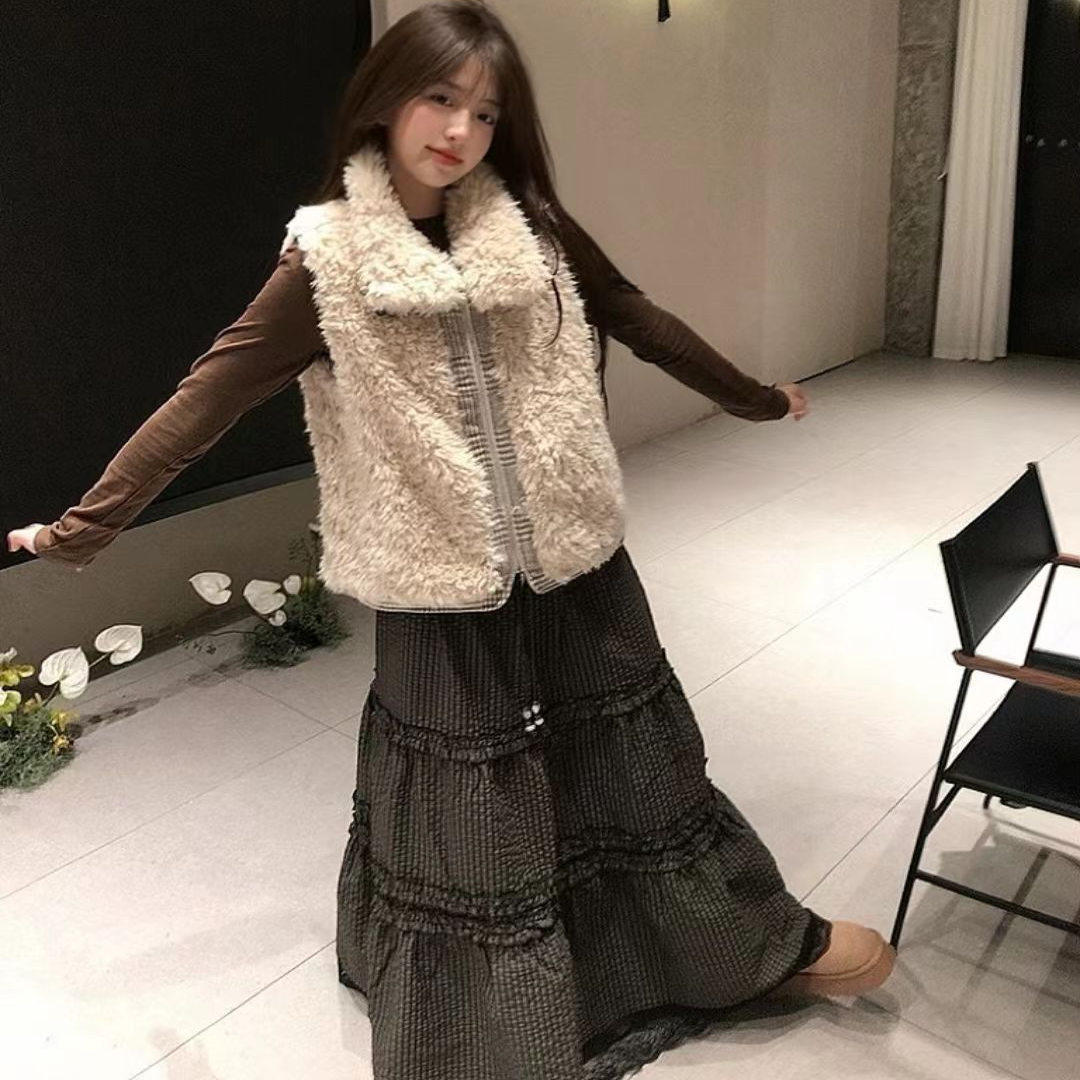 现货/古着双面穿千鸟格翻领毛绒马甲背心保暖毛呢女马夹外套上衣