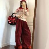 高腰显瘦百搭阔腿裤 圣诞氛围安可拉红波点灯芯绒裤 子少女秋季 可爱