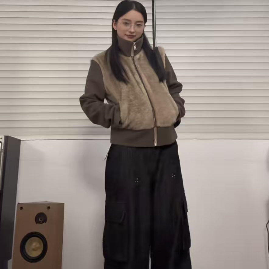 现货/染尖小雪貂假两件毛毛拼接袖立领外套显瘦古着小众上衣冬