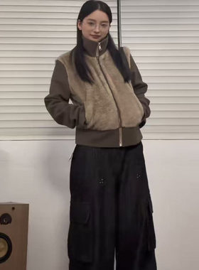 现货/染尖小雪貂假两件毛毛拼接袖立领外套显瘦古着小众上衣冬