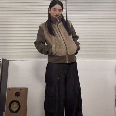 现货/染尖小雪貂假两件毛毛拼接袖立领外套显瘦古着小众上衣冬