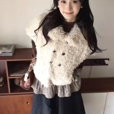 现货/古早氛围感上衣羊羔毛外套小众设计感毛绒外套女百搭小个子