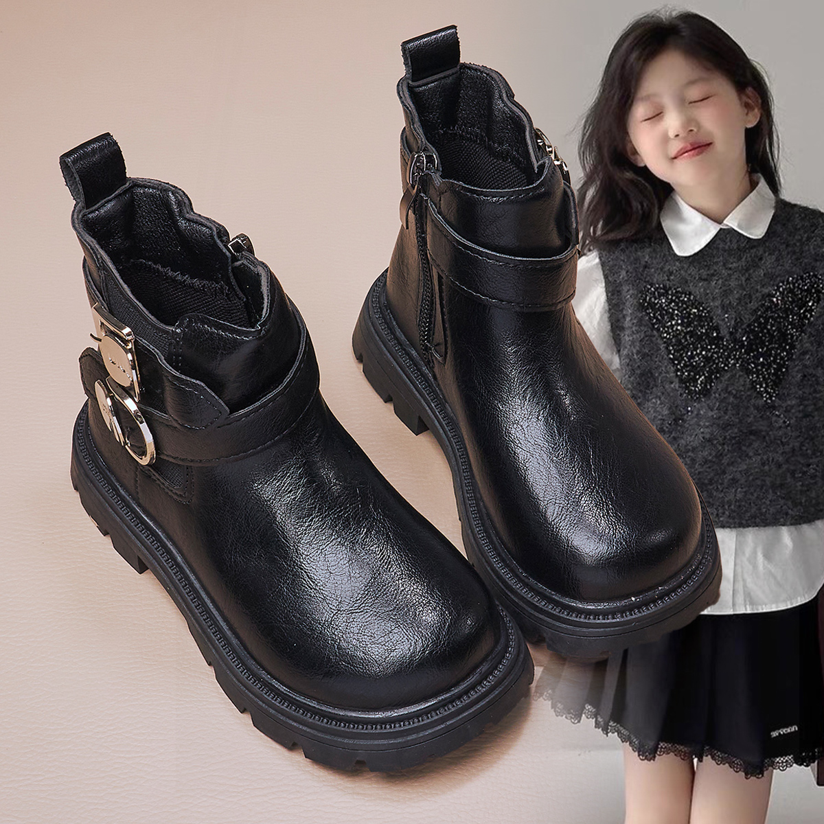 女童皮靴2025春秋新款金属扣机车靴黑色公主马丁靴韩版软底低筒靴
